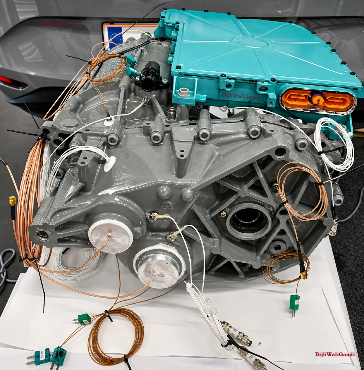 VW ID.3 demonstrator vehicle's e-Axle thermal testing instrumentation showcased by Theissl Systems GmbH at CTI 2025 in Berlin