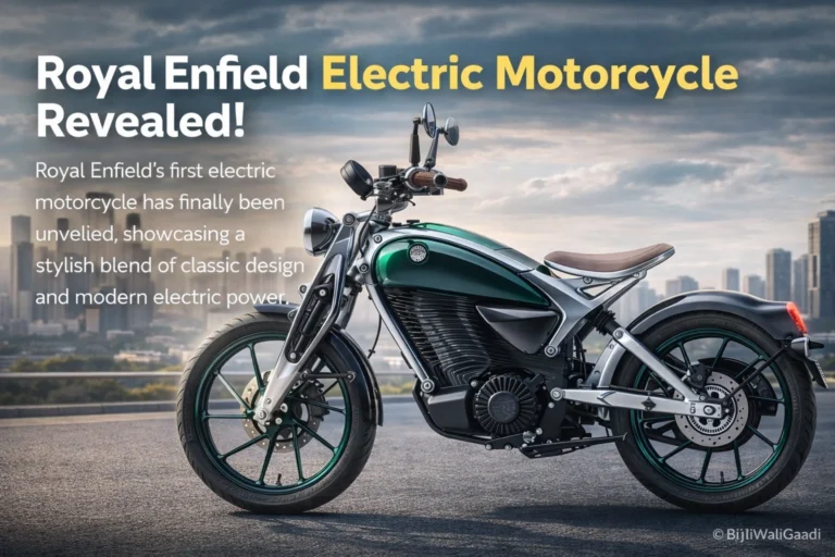 Royal Enfield Flying Flea C6 electric motorcycle in Flea Green color with neo-retro design, showcased as India’s first Royal Enfield electric bike.