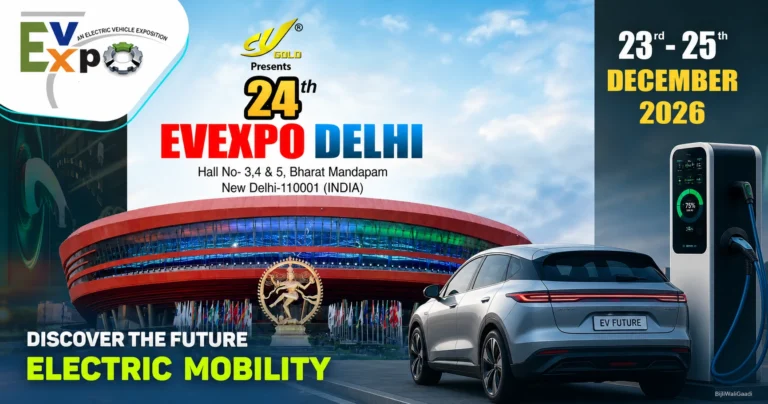 Featured image of 24th EVEXPO Delhi 2026 at Bharat Mandapam, New Delhi, showing electric car, EV charging station, and event details promoting future electric mobility