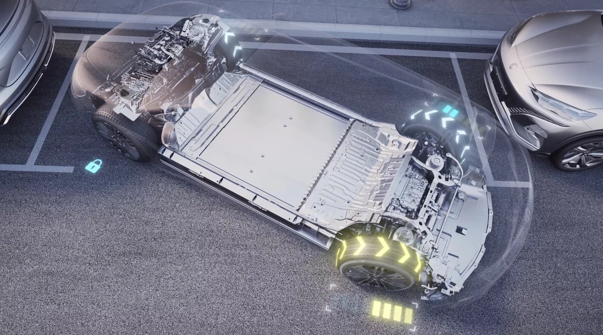 Denza Z9 GT e3 tri-motor electric platform cutaway showing motor placement battery and torque vectoring system