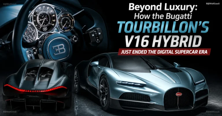 Front and rear view collage of the Bugatti Tourbillon V16 Hybrid hypercar with luxury cockpit interior and futuristic styling in a dark studio background.
