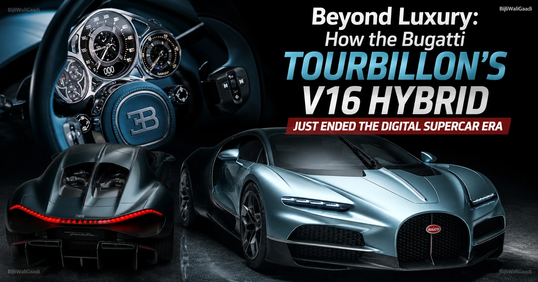 Front and rear view collage of the Bugatti Tourbillon V16 Hybrid hypercar with luxury cockpit interior and futuristic styling in a dark studio background.