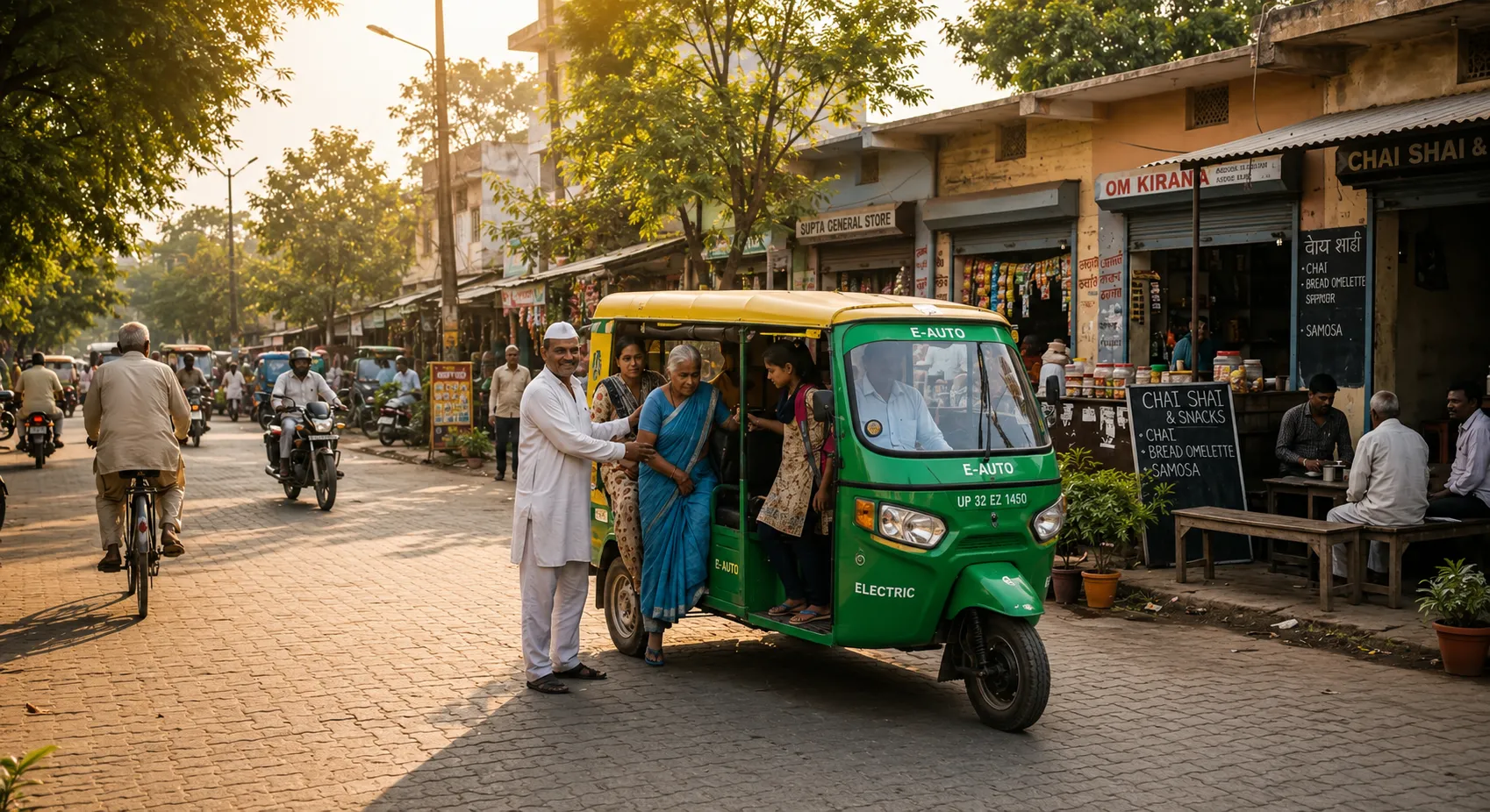 ई-रिक्शा: UP Bihar mein chal raha naya e-rickshaw 2026, savaariyaan baith rahi hain, proud driver