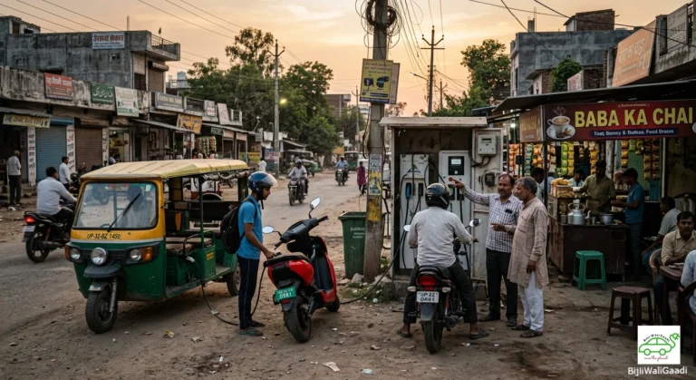 Electric scooter and e-rickshaw charging at Indian EV station