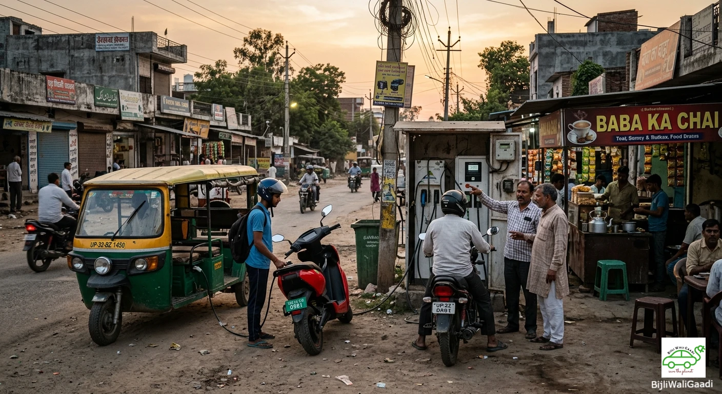 Electric scooter and e-rickshaw charging at Indian EV station for EV Charging