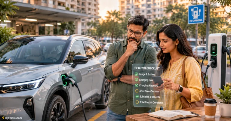 Indian couple evaluating an electric car at EV charging station while checking buyer checklist on smartphone in urban apartment parking