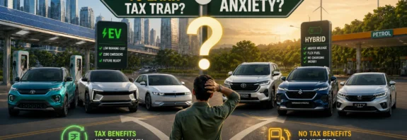 Comparison of electric vehicles and hybrid cars in India 2026 showing tax benefits vs range anxiety with urban city and highway background