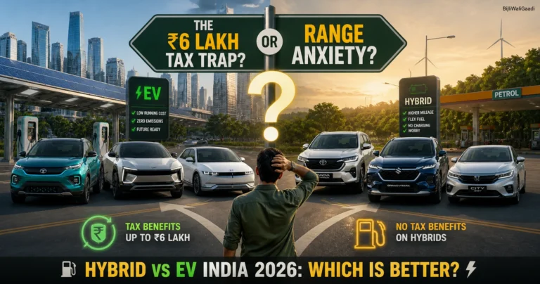 Comparison of electric vehicles and hybrid cars in India 2026 showing tax benefits vs range anxiety with urban city and highway background