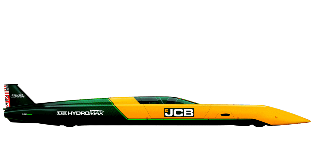 JCB Hydromax hydrogen-powered landspeed record streamliner racing at high speed
