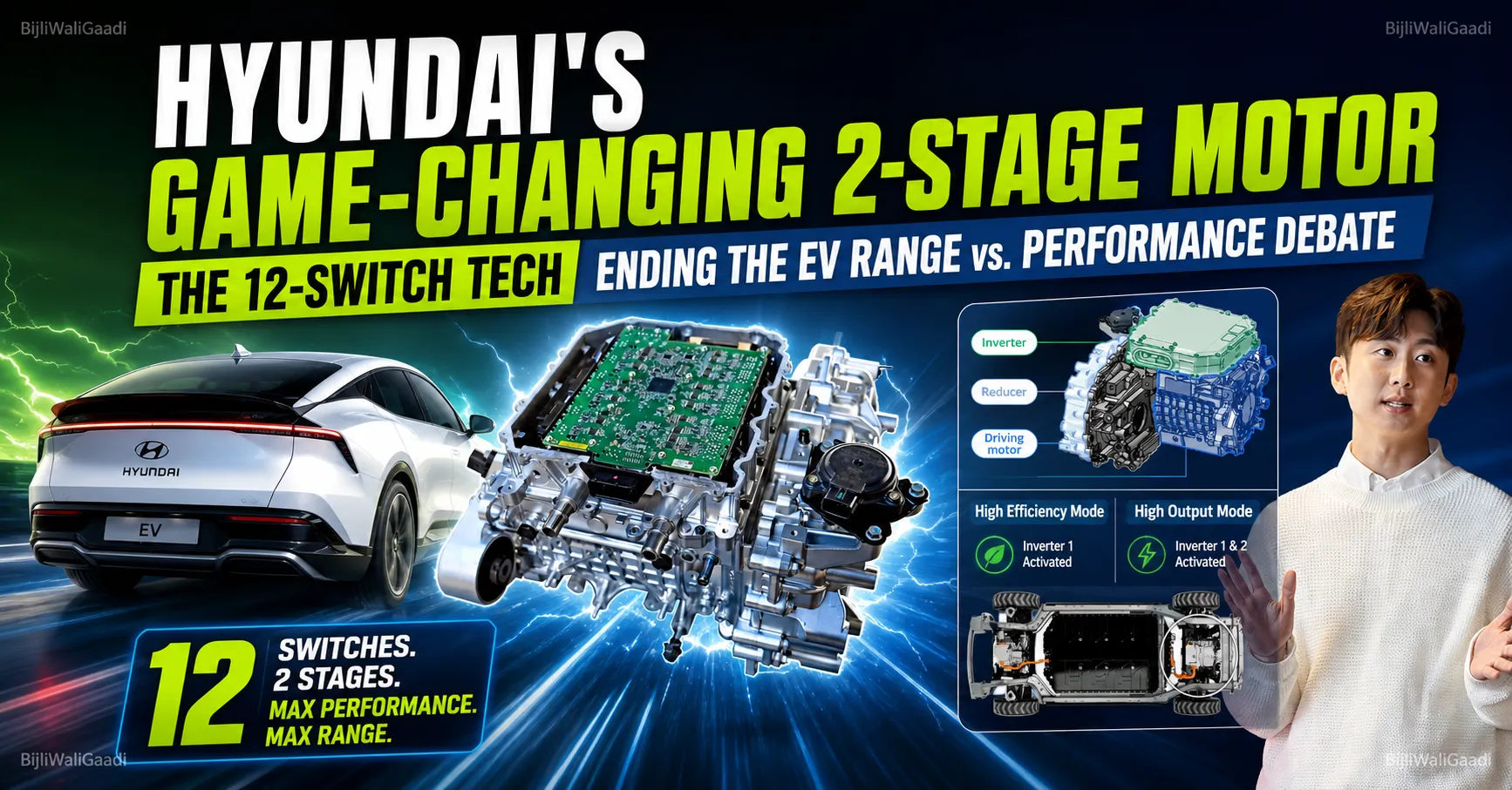 Hyundai 2-stage EV motor with 12-switch inverter showing dual-mode efficiency and performance in electric vehicle system