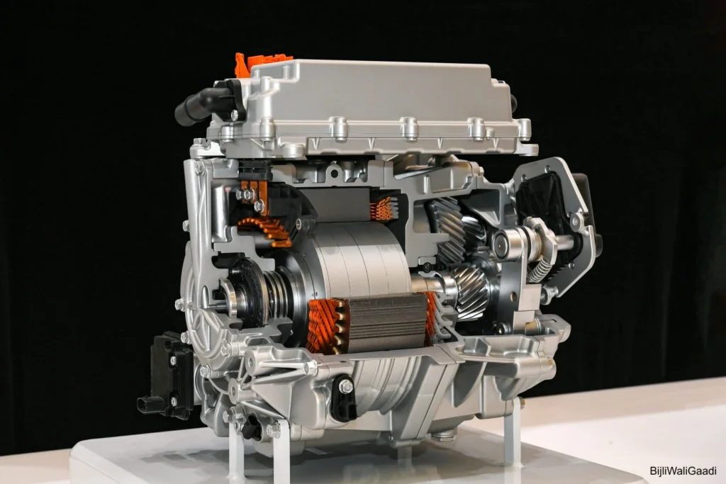 Cutaway view of the Hyundai Mobis 160kW universal PE system showing integrated drive motor, inverter, and reduction gear for modular EV powertrain application.