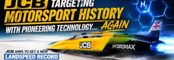 JCB Hydromax hydrogen-powered landspeed record car racing on track with futuristic design and high-speed motion effect