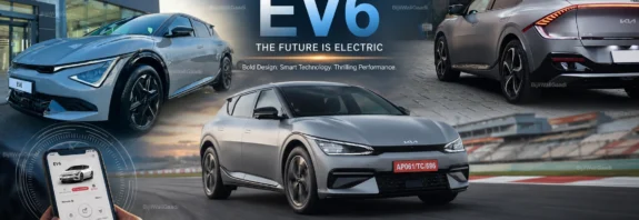 Kia EV6 2026 premium electric SUV featured image showing front, rear, and track views with connected car technology and smart EV features in India