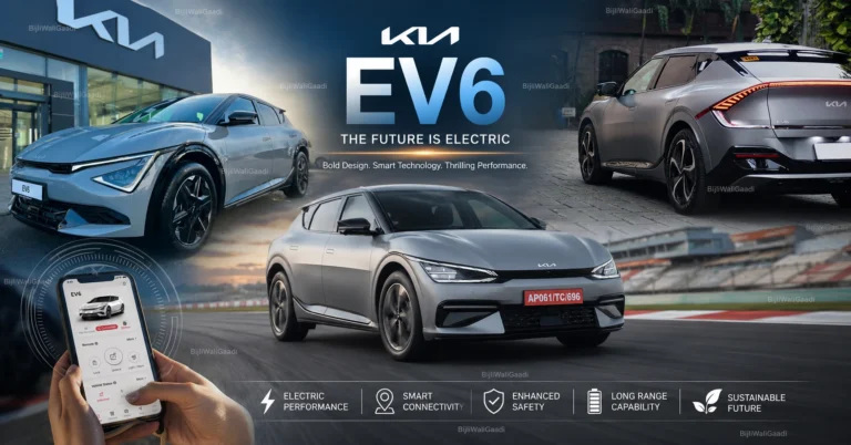 Kia EV6 2026 premium electric SUV featured image showing front, rear, and track views with connected car technology and smart EV features in India