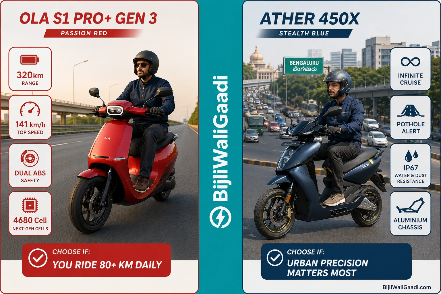 Ola S1 Pro+ Gen 3 vs Ather 450X | 	
Illustrated infographic showing two rider persona profiles side by side: left shows performance commuter on Ola S1 Pro+ Gen 3 with long-distance highway behind and battery/range icon callouts, right shows urban precision commuter on Ather 450X with city traffic and software UI icon callouts, BijliWaliGaadi teal branding dividing the two panels