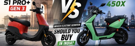 Ola S1 Pro Gen 3 vs Ather 450X comparison image with scooters and Indian city background highlighting key differences