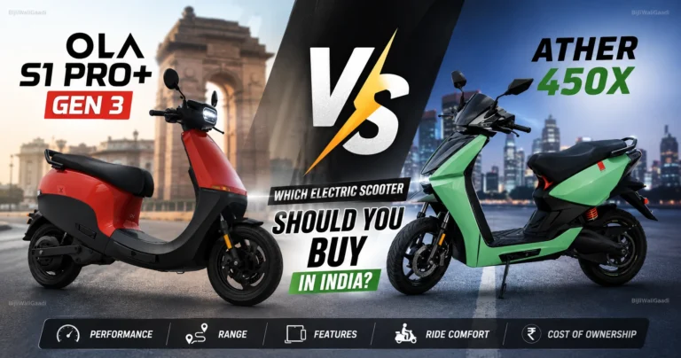 Ola S1 Pro Gen 3 vs Ather 450X comparison image with scooters and Indian city background highlighting key differences