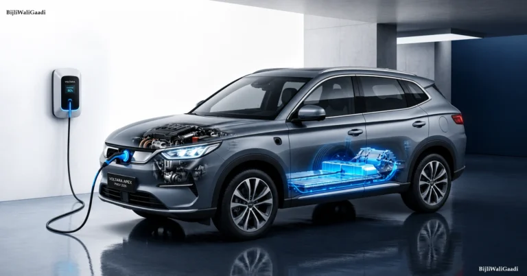 Cut-away technical diagram of a 2026 plug-in hybrid car showing internal combustion engine, electric motor, and battery pack being charged at a wallbox.