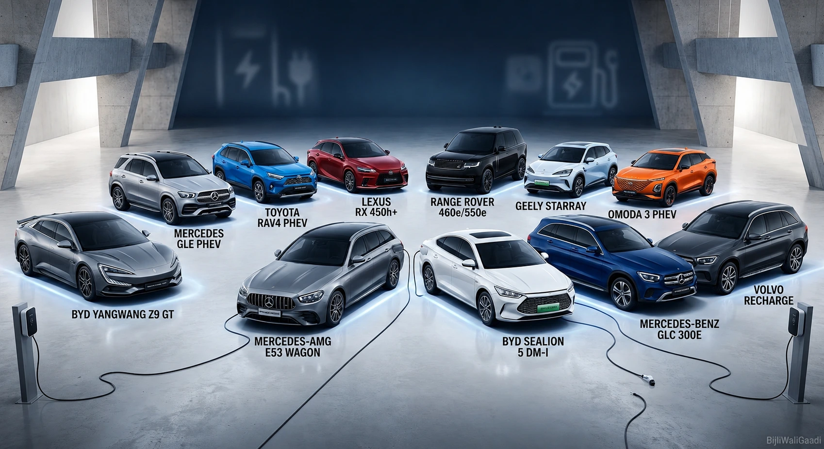 A comparison graphic featuring top 2026 plug-in hybrid technology models including BYD Yangwang Z9 GT, Mercedes GLE, Toyota RAV4 PHEV, and Volvo Recharge, shown in a modern studio