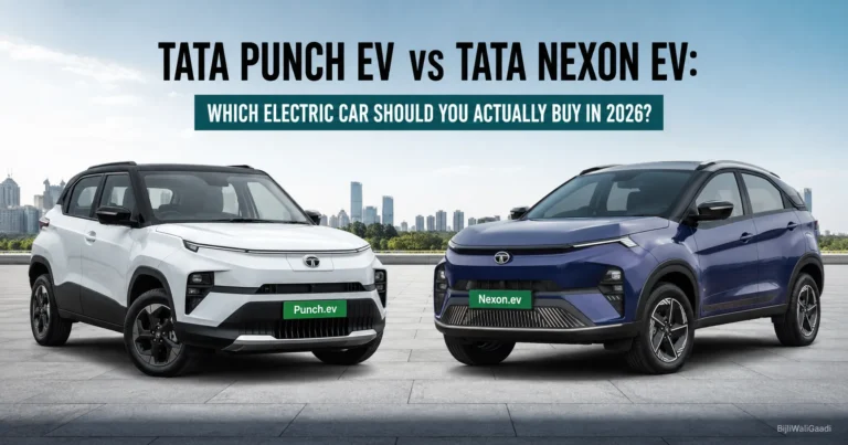 Side-by-side comparison of Tata Punch EV and Tata Nexon EV parked on a rooftop with city background for 2026 EV buying guide