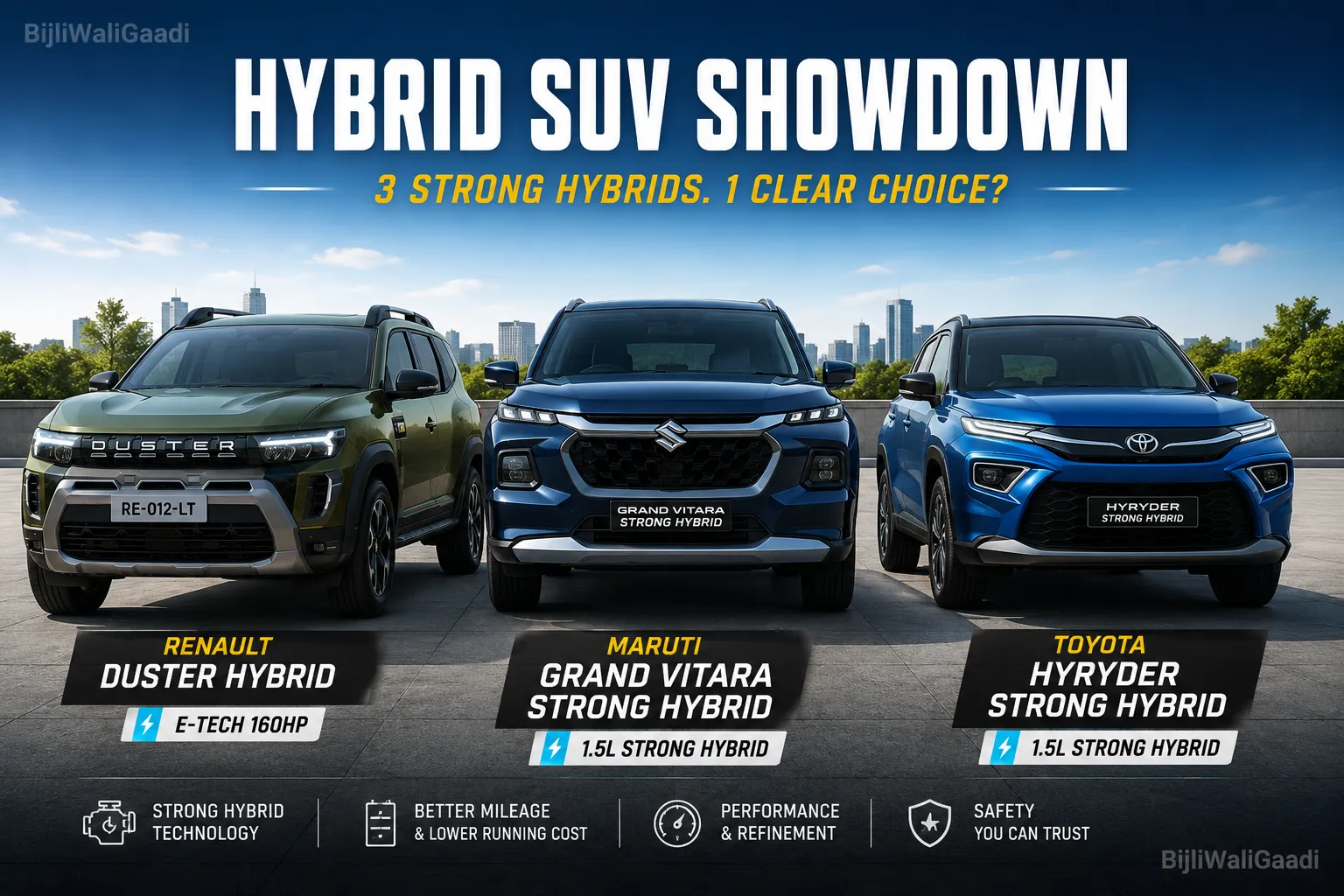 Renault Duster Hybrid India comparison image featuring Renault Duster E-TECH 160 HP alongside Maruti Grand Vitara Strong Hybrid and Toyota Hyryder Strong Hybrid, highlighting Renault Duster hybrid mileage, 1.8L strong hybrid India, 80 percent EV mode, 8-speed DHT vs eCVT comparison, price, booking status, waiting period 2026 and hybrid SUV performance differences