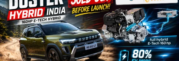 Renault Duster Hybrid India featured image showing SUV with 160HP E-TECH hybrid engine, 80 percent EV mode, Bharat NCAP rating and hybrid powertrain layout, highlighting Renault Duster hybrid mileage, Duster 1.8L strong hybrid India, Renault Duster hybrid sold out status, booking demand, price expectations and comparison with Grand Vitara Hybrid and eCVT systems