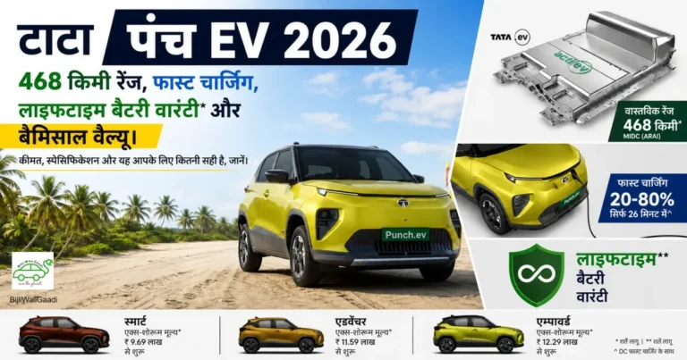 Tata Punch EV 2026 का फीचर्ड इमेज जिसमें 468 किमी रेंज, फास्ट चार्जिंग और लाइफटाइम बैटरी वारंटी दिखाई गई है