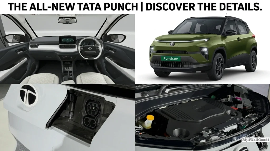 the Tata Punch.ev showing the modern dashboard interior with a digital touchscreen, a seaweed green exterior profile, the front-mounted charging port under the Tata logo, and the dedicated EV motor compartment under the hood.