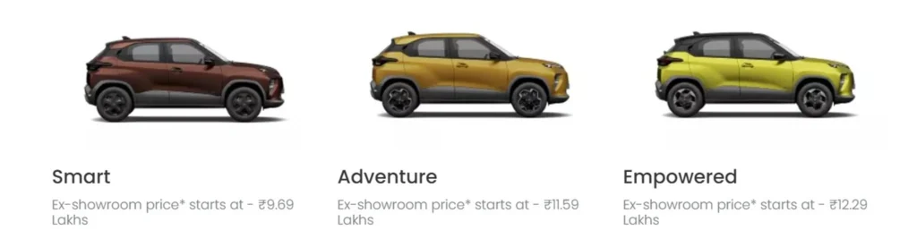 Tata Punch EV variants Smart Adventure Empowered with ex showroom price and side profile comparison