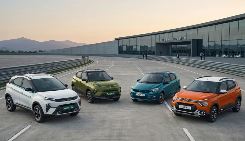 A dynamic outdoor comparison photograph of four electric vehicles arranged on a paved test track with a modern building and mountain background. A large infographic banner at the top reads "ELECTRIC SUV & HATCHBACK FACE-OFF: DIMENSIONS & KEY SPECS". Floating text panels display specs (Length, Max Power, Claimed Range) for the Tata Nexon EV, Tata Punch EV, Tata Tiago EV, and Citroen eC3.