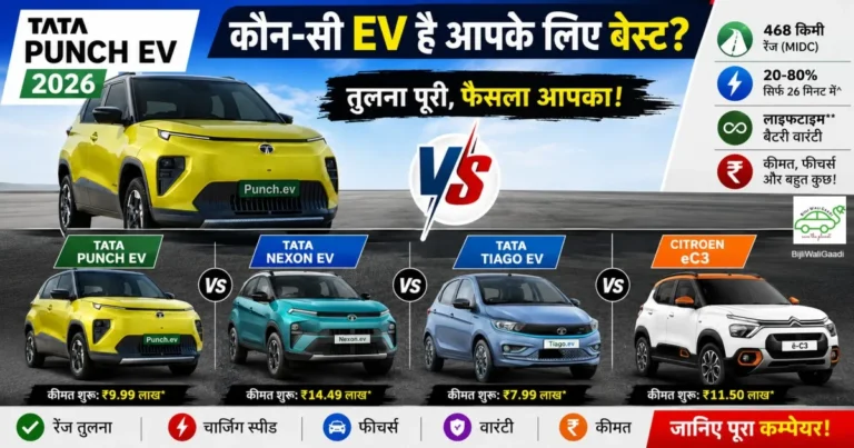 Tata Punch EV, Nexon EV, Tiago EV और Citroen eC3 का हिंदी में EV comparison इमेज जिसमें रेंज, कीमत और फीचर्स तुलना दिखाई गई है