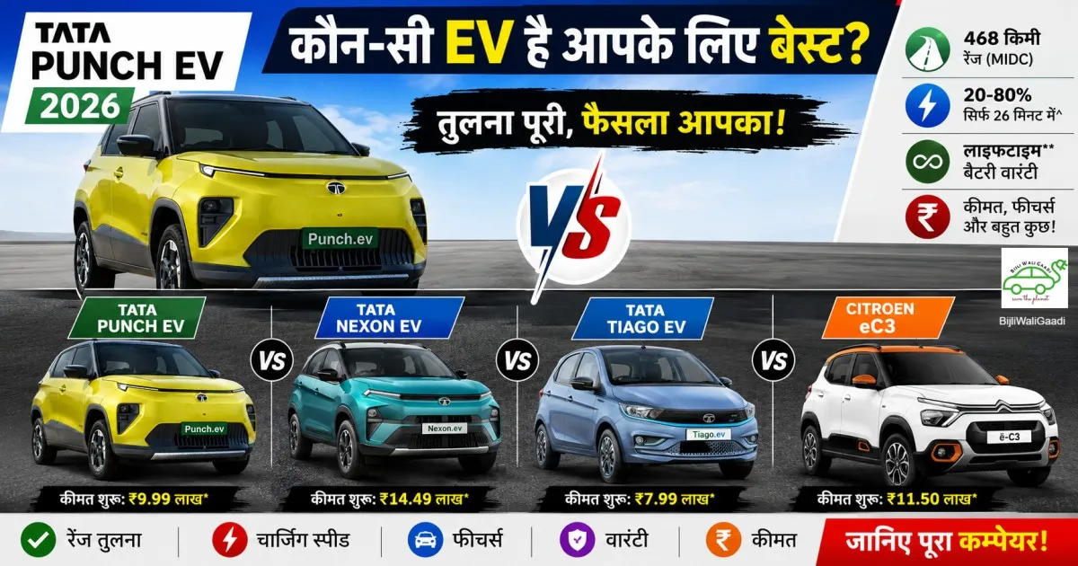 Tata Punch EV, Nexon EV, Tiago EV और Citroen eC3 का हिंदी में EV comparison इमेज जिसमें रेंज, कीमत और फीचर्स तुलना दिखाई गई है