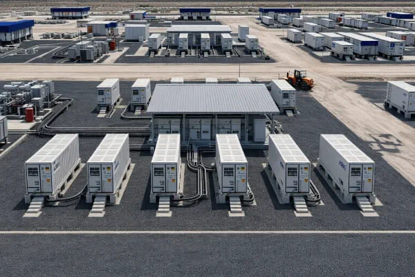 Aerial view of Adani Green Energy's Khavda Renewable Energy Park in Gujarat, India, showcasing solar panels, wind turbines, and battery energy storage infrastructure at gigawatt scale.