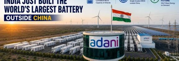 Aerial view of Adani’s Khavda Renewable Energy Park in Gujarat featuring massive battery energy storage units, solar panels, wind turbines, and India’s largest BESS facility outside China.