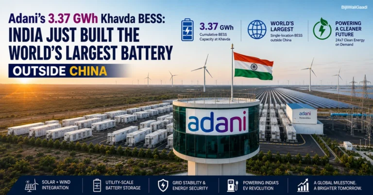 Aerial view of Adani’s Khavda Renewable Energy Park in Gujarat featuring massive battery energy storage units, solar panels, wind turbines, and India’s largest BESS facility outside China.