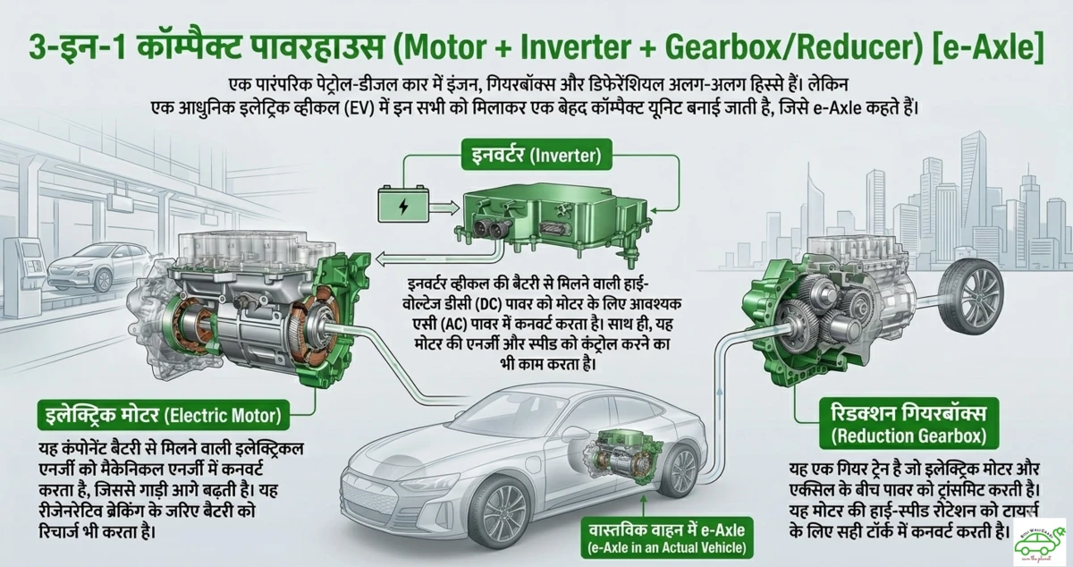 EV e-Axle 3-in-1 compact powerhouse electric motor inverter reduction gearbox integration in car