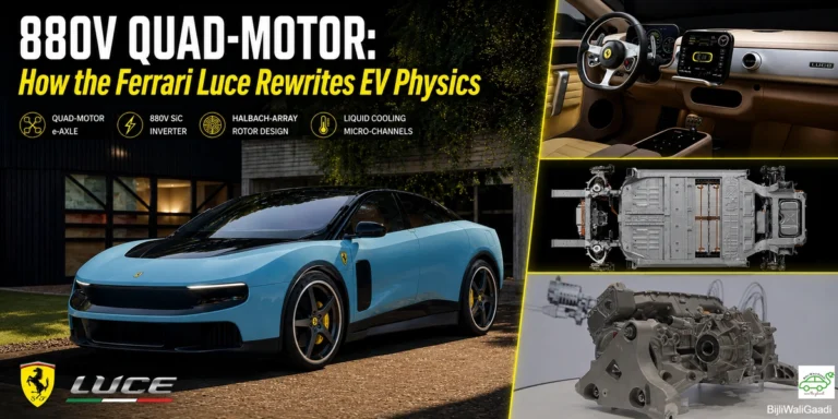 Ferrari Luce 2026 electric supercar front profile, LoveFrom interior cabin dashboard, and quad-motor electric e-axle architecture comparison grid