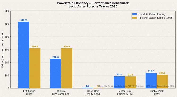 Grouped bar chart comparing five powertrain performance metrics for Lucid Air Grand Touring and Porsche Taycan Turbo S 2026: EPA range in miles, energy consumption in Wh per mile, drive unit power density in kW per litre, motor peak efficiency percentage, and usable battery capacity in kWh