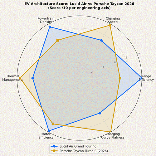 Radar spider chart with six axes scoring Lucid Air Grand Touring and Porsche Taycan Turbo S 2026 out of ten on range efficiency, charging speed, powertrain density, thermal management, motor efficiency, and charging curve flatness