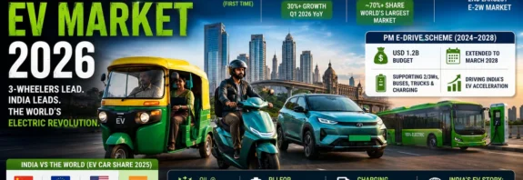 India EV market 2026 infographic showing electric 3-wheeler dominance, 2-wheeler growth, EV car share, and PM E-DRIVE policy impact