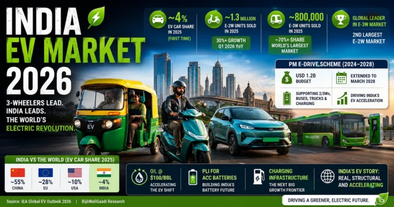 India EV market 2026 infographic showing electric 3-wheeler dominance, 2-wheeler growth, EV car share, and PM E-DRIVE policy impact
