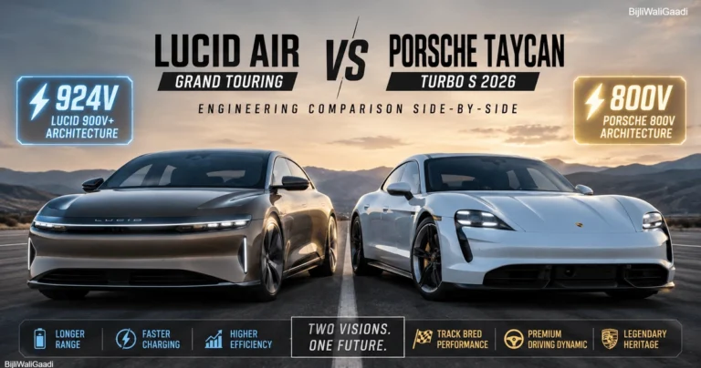 Lucid Air Grand Touring and Porsche Taycan Turbo S 2026 photographed side-by-side on a test road for high-voltage EV powertrain comparison article