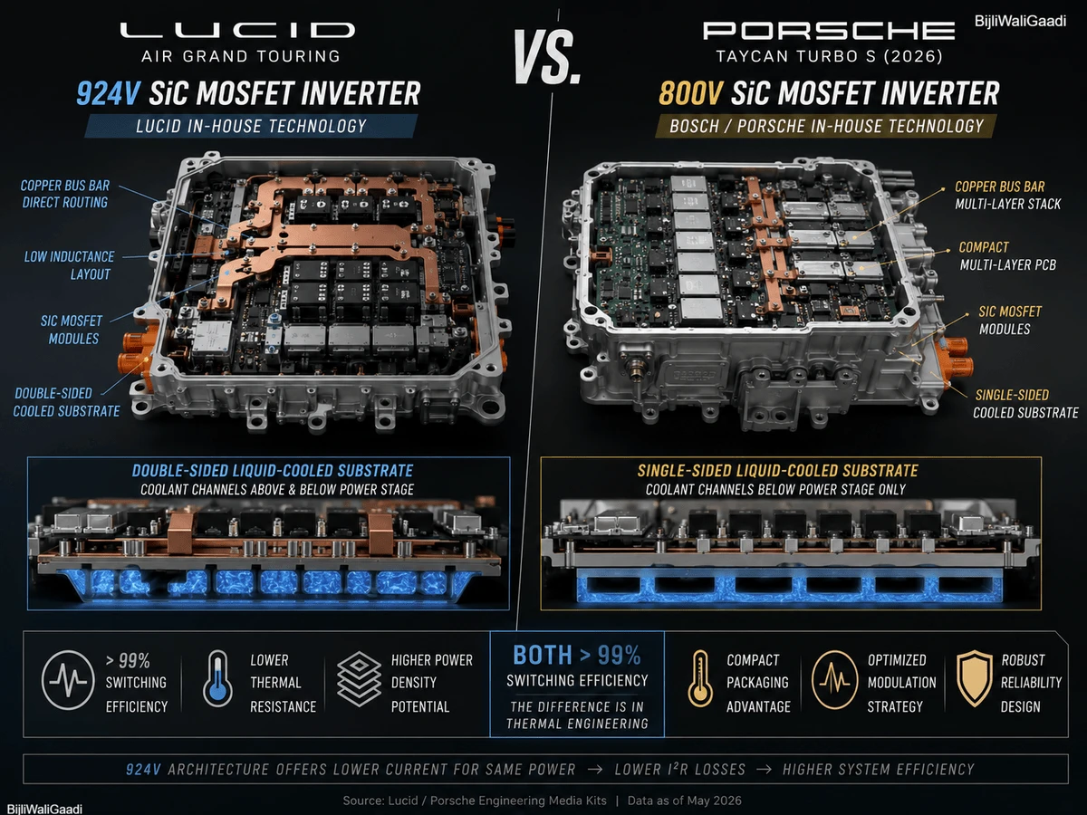 Side-by-side close-up of Lucid Air and Porsche Taycan SiC MOSFET inverter modules showing thermal substrate architectures and bus bar routing