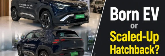Maruti Suzuki e Vitara 2026 front and rear design in showroom with bold Born EV vs hatchback comparison graphic