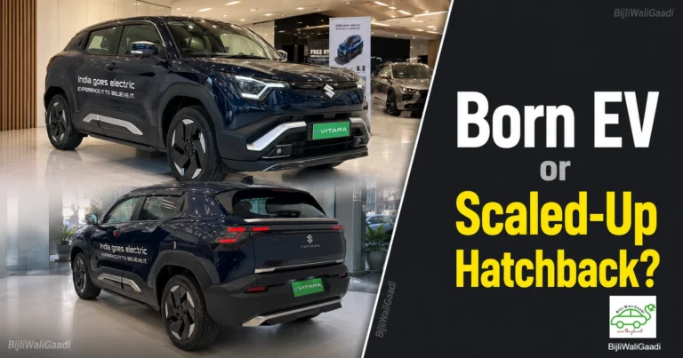 Maruti Suzuki e Vitara 2026 front and rear design in showroom with bold Born EV vs hatchback comparison graphic