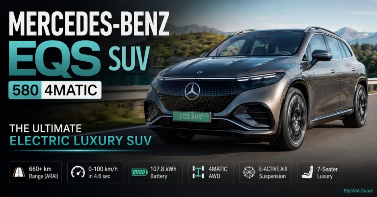 Mercedes-Benz EQS SUV 580 4MATIC luxury electric SUV featured image showcasing premium design, 660+ km range, advanced safety features, and luxury EV technology in India