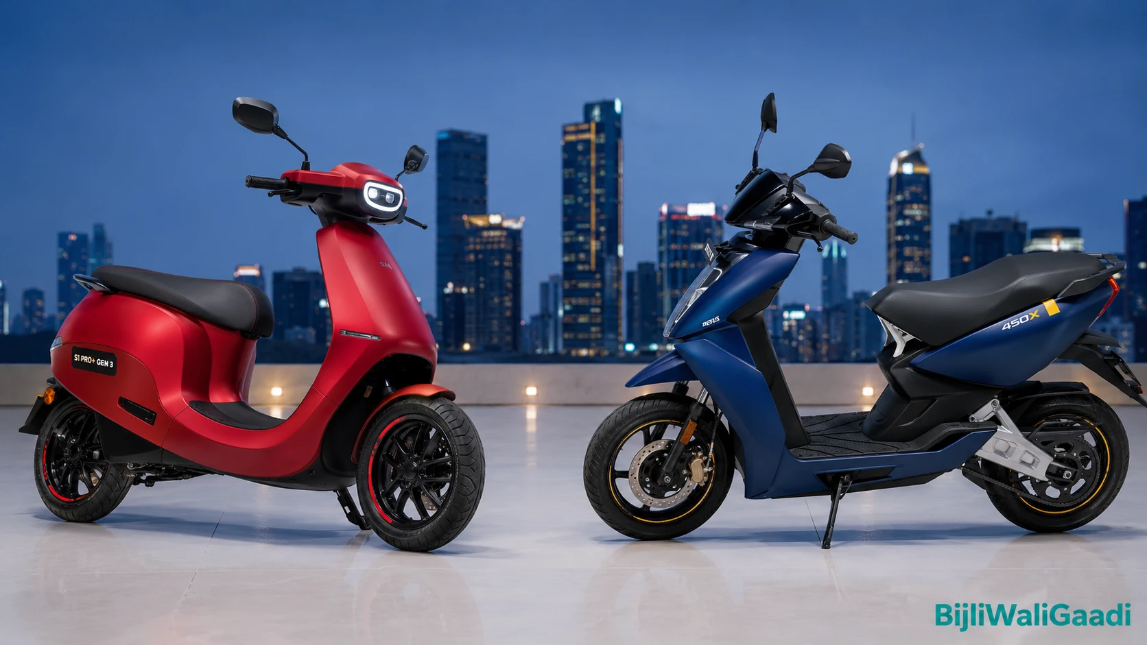 Ola S1 Pro+ Gen 3 vs Ather 450X 2026: Frontal studio comparison of two electric scooters: the Ola S1 Pro+ Gen 3 in Passion Red Matte on the left and the Ather 450X Stack Pro in Stealth Blue on the right, placed symmetrically on a white studio floor with soft diffused lighting, Indian city skyline blurred in background