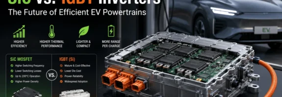 High-definition comparison graphic of SiC vs IGBT inverter technology in electric vehicles showing a modern EV traction inverter, SiC MOSFET module, 800V EV architecture, and efficiency benefits for next-generation electric cars.