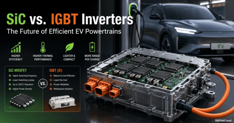 High-definition comparison graphic of SiC vs IGBT inverter technology in electric vehicles showing a modern EV traction inverter, SiC MOSFET module, 800V EV architecture, and efficiency benefits for next-generation electric cars.
