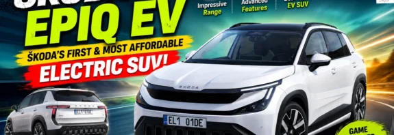 Featured image of the Skoda Epiq EV electric SUV with futuristic design, bold typography, and promotional text highlighting Skoda’s most affordable electric SUV for 2026.